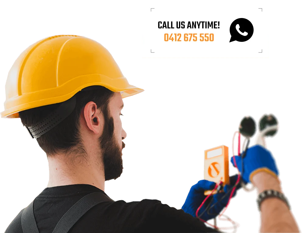 Electrician in hard hat working with a multimeter, with an ad to call for services.